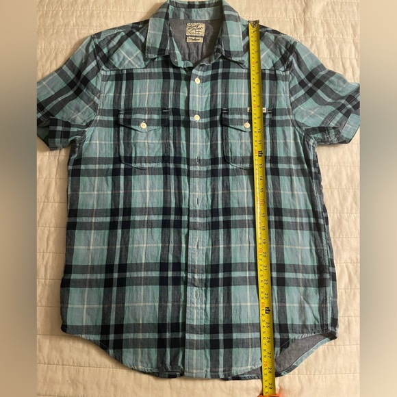 Lucky Brand Teal and Navy Plaid Button down short sleeve Men's Shirt Medium - Picture 6 of 9